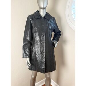 Bradley Bayou Vintage Black Snakeskin Embossed Leather Mid-Length Button Up Coat
